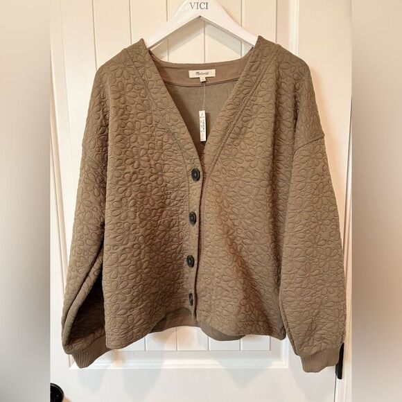 Nwt Madewell Flower Puff-Jacquard Crop Cardigan Brown Tan Jacket - Picture 3 of 8